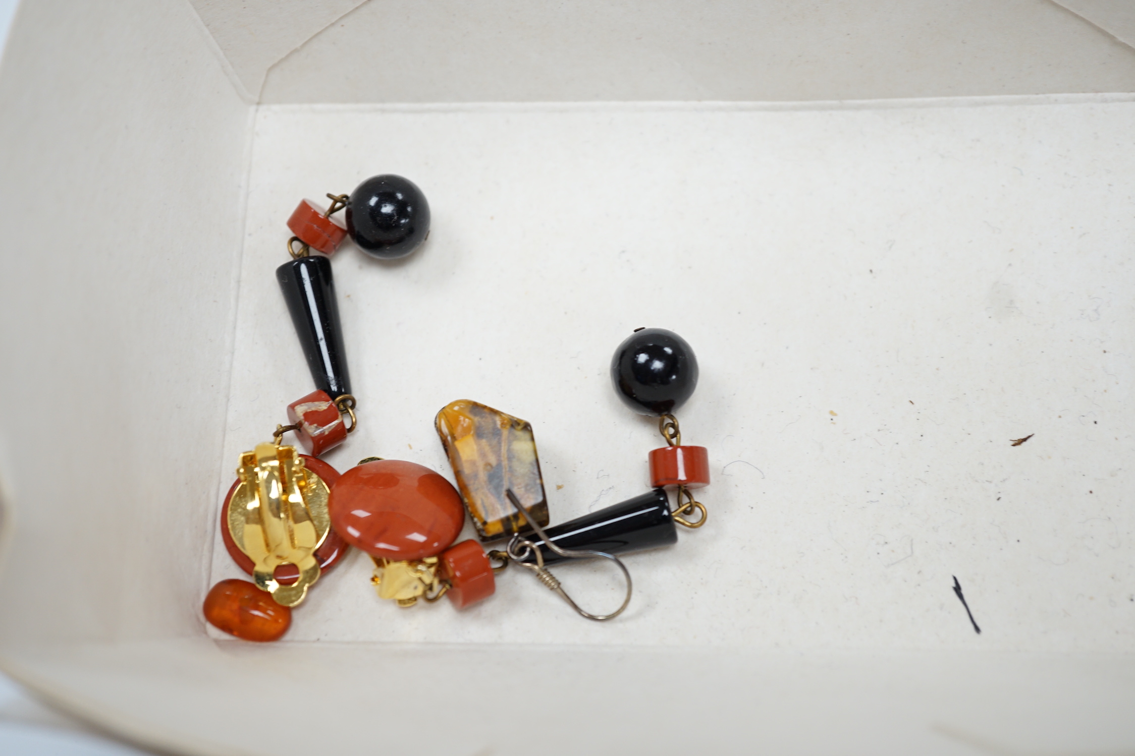 Kai Yin Lo- A twin strand black onyx and jasper bead necklace, 60cm and pair of matching drop earrings and a lapis lazuli and turquoise matrix necklace.